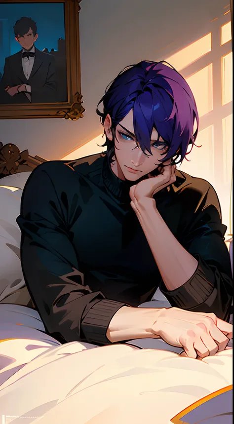 ((masterpiece,ultra-detailed, intricate details, best quality,illustration)),1man, solo, highres, lying in bed, tall, very tall, masculine, blue eyes, dark purple hair, short hair, black sweater, modern clothes, modern outfit, tired, sleepy, indoors, sunli...