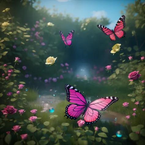 A beautiful butterfly in a rose flower, fantasy land, grasses, water bubbles, unreal engine 5, ultra Realistic, very beautiful