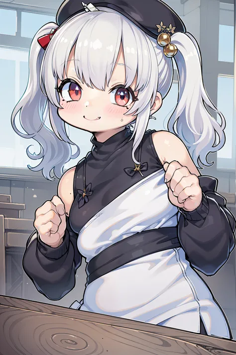 komori,idolcloth,masutepiece,Best Quality,White hair, Red Eyes,White shirt,(black formal hat),(hair clips:1.3),(small mouth mole:1.3),Smile,hight resolution,4K,Black detached sleeves, Upper body,