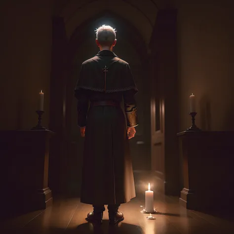 an old priest named alex standing in a dark room holding a candle light in his hand,3d art,midjourney,game stylr