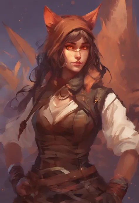 nonbinary gendered, fantasy, PERSON WITH CAT EARS, dnd style, brown chin-length hair, reddish-orange eyes, slit eyes, 56, 107 lbs, fully clothed, leather travelers clothes, no tits