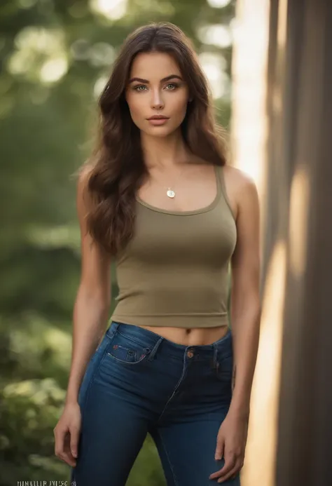 arafed woman with a white tank top and a necklace, sexy girl with green eyes, portrait sophie mudd, brown hair and large eyes, selfie of a young woman, bedroom eyes, violet myers, without makeup, natural makeup, looking directly at the camera, face with ar...