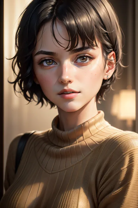 (masterpiece:1.3), (8k, photorealistic, RAW photo, best quality: 1.4), (1girl), beautiful face, (realistic face), (black hair, short hair:1.3), beautiful hairstyle, realistic eyes, beautiful detailed eyes, (realistic skin), beautiful skin, (sweater), absur...