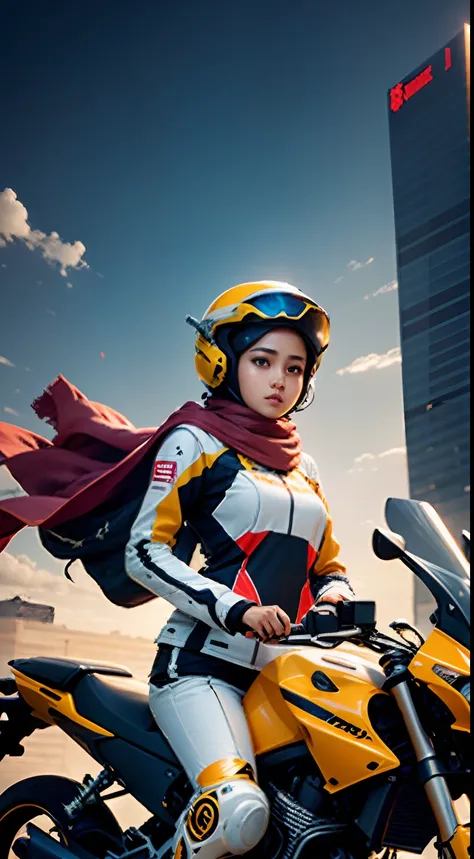 Highest quality, outstanding details, ultra-high resolution, (fidelity: 1.4), the best illustration, favor details, highly condensed 1 malay girl in hijab, with a delicate and beautiful face, dressed in a colorful mecha, wearing a mecha helmet, holding a d...