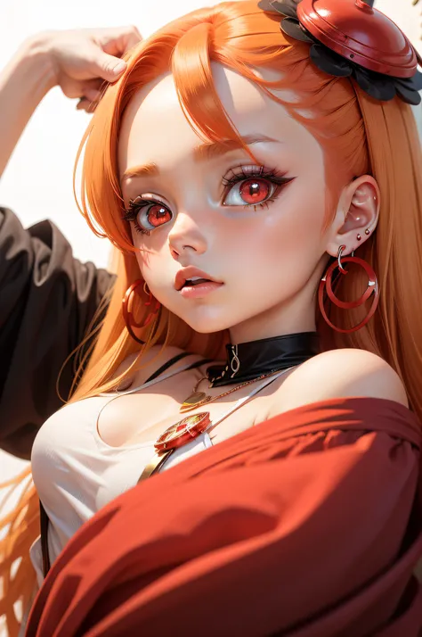 an anime character with big eyes, red hair and red jewelry with a bright, white background, jewelry, blonde hair, earrings, solo, red eyes, anime coloring, 1girl