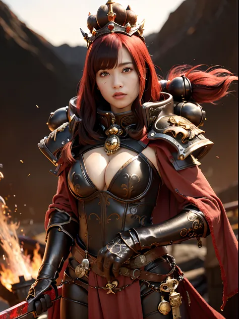 (Bleeding from the head), Professional , ​masterpiece、top-quality、photos realistic , depth of fields （Gemstone Black Metal Body:1.9),(Matte Black、Toostock、（cleavage of the breast）、（(Random Hairstyles 1.6),Dark Fantasy,）explosions、intense fighting、Blood on ...