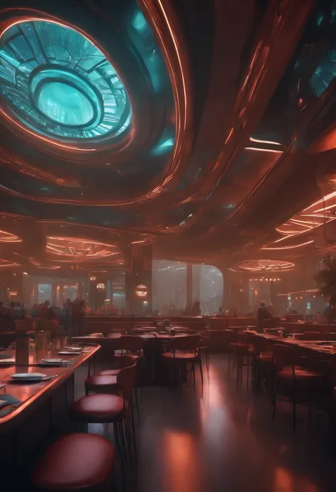 cafeteria, futuristic setting, Cyberpunk, 8K