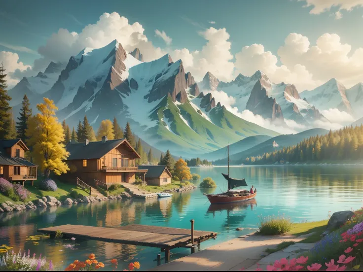 There are villas on the island in the lake, There are boats by the lake, spray, snow mountains, wildflowers.k hd, meticuloso,