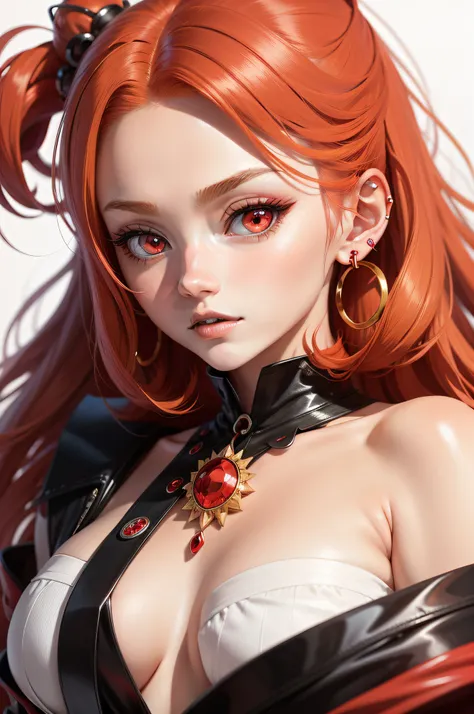 an anime character with big eyes, red hair and red jewelry with a bright, white background, jewelry, blonde hair, earrings, solo, red eyes, anime coloring, 1girl