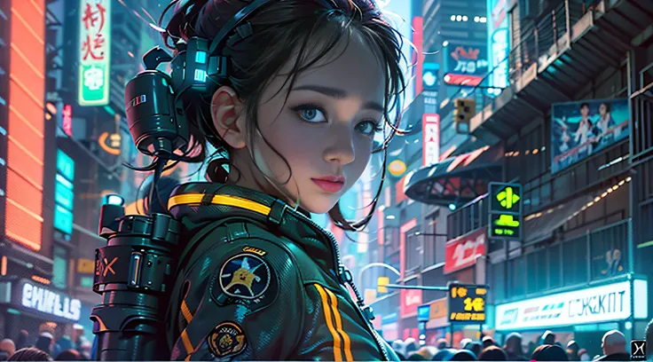 Create a compelling image of a confident female pilot in the cockpit of the future., Skillfully steer a giant robot through a neon-lit metropolis, A scene full of adventure and charm, Mixing traditional and digital painting techniques to capture the mood,