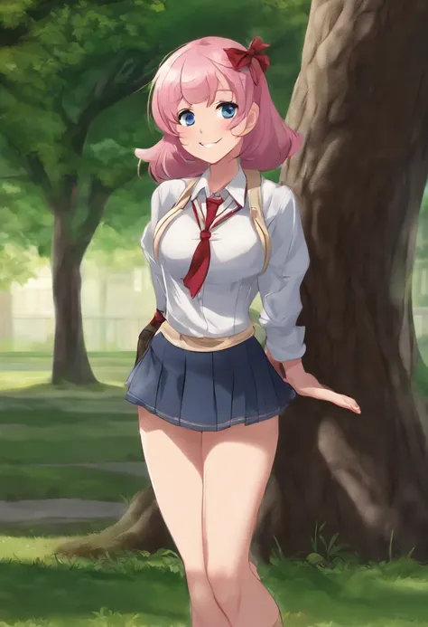 high resolution, man, strong man dominates a girl, schoolgirl, prostitute, vulgar girl, pink hair, average breasts, (thin hips: 1.2), standing whore pose, smile, school uniform, blue miniskirt, outside, near a tree, looking at the viewer, facing the viewer...