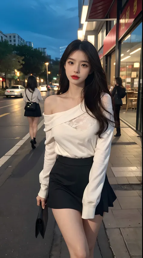 A perfect young female white-collar worker，Chinese big breasts，High picture quality，Works of masters，Black hair，Long hair shawl，Long hair flowing over the shoulders，Beach wave hairstyle，cropped shoulders，鎖骨，exquisite face，Hydrated red lips，（（Wear colorful ...