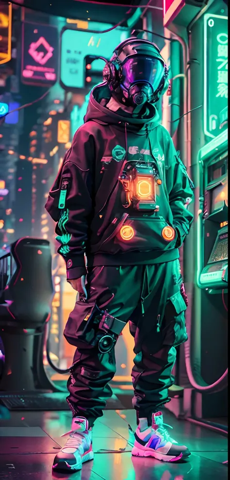 （（best qualtiy））， （（tmasterpiece））， （The is very detailed：1.3），（tmasterpiece，full body shot of，Detailed background，intricate raw photography） 。。.3D，NeonNoir，Cold cyberpunk hacker，（Wear a thick and high-tech head-mounted display：1.2），hacking a computer term...