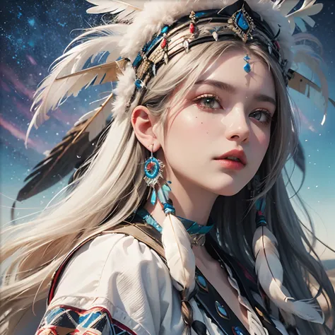 (Best Quality,Ultra-detailed,prismatic effects:1.2),masutepiece:1.2,skyporn, １garl
(youthfulness) native american, long white hair, While staring at the sky, holding axe, 
Traditional attire, Headdress of feathers,The magnificent Mount Olga, (Ayers Rock),M...