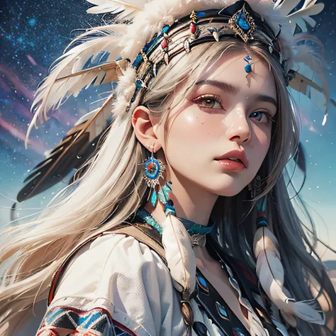 (Best Quality,Ultra-detailed,prismatic effects:1.2),masutepiece:1.2,skyporn, １garl
(youthfulness) native american, long white hair, While staring at the sky, holding axe, 
Traditional attire, Headdress of feathers,The magnificent Mount Olga, (Ayers Rock),M...