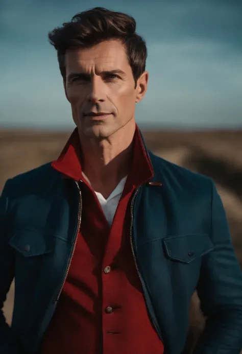 A handsom man in red , photo in the style of Patrick Demarchelier. Dressed in a red velvet jacket and  blue jeans , Tall and fit , (40 y old :1.1), (shaven:1.2), (cheveux bruns courts :1.5),(very short hair:1.6). in the style of ethereal beauty, Realistic ...