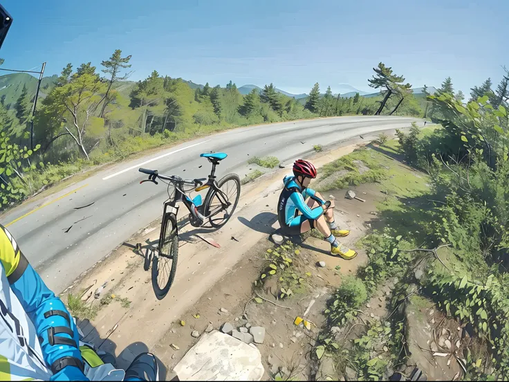 arafed man sitting on the ground next to a bike on a road, resting on a tough day, cycling!!, fromme seele, resting, crashed in the ground, resting after a hard mission, crashed, gopro shot, time to climb the mountain path, overload, leaking, unwind!, pov ...