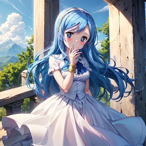 sylphynford, 1girl, jewelry, bracelet, day, solo, cloud, horizon, long_hair, outdoors, looking_at_viewer, the best quality, masterpiece, castle wall,