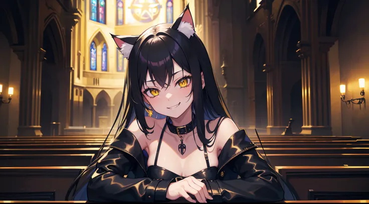 wallpapers, 4K, anime style, masterpiece, (1girl, cat ears, long black hair, yellow eyes, catgirl a little immature, playful smile, smirk, looking at viewer, turned to viewer), (collar, black leather clothe, church clothes), (satanic church), gothic church...