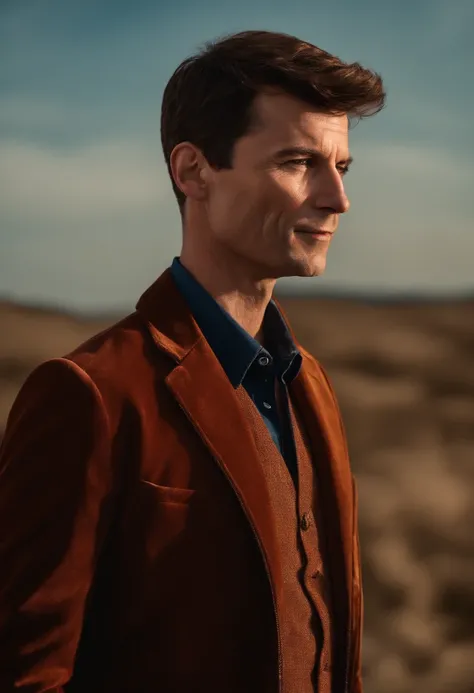 A handsom man in red , photo in the style of Patrick Demarchelier. (Dressed in a red velvet jacket and  blue jeans:1.2) , Tall and fit , (40 years old :1.1), (shaven:1.2), (very short brown hair:1.9),(very short hair:1.6). in the style of ethereal beauty, ...