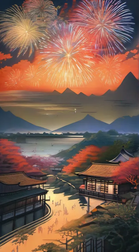 (Splendid fireworks in Edo)、(Spectators)、(Katsushika Hokusai-kaze)、Dynamic、Masterpiece、Highly detailed background，Realistic，ultra-detailliert，super detailed skin，light glow，Film grain，Expro II，Lens Flare，Sharpen，cinematic shadow