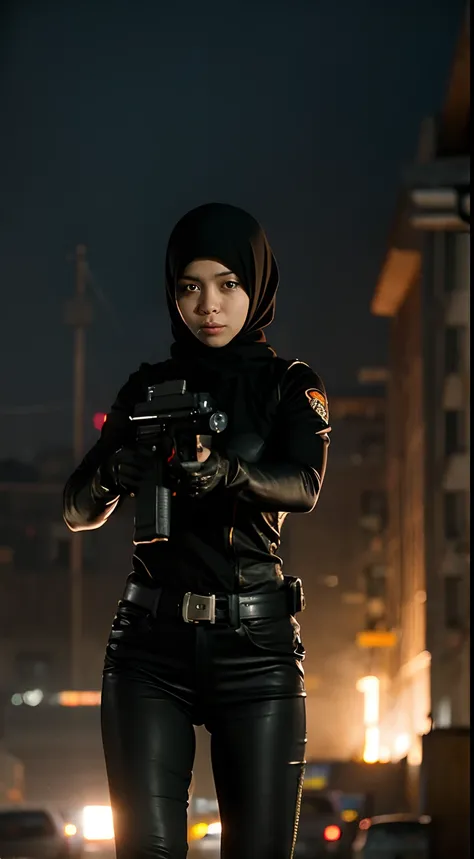 Blade Runner-like atmosphere, android girl in hijab, skeleton visible, girl shooting handgun, cleavage, muzzle point at viewer, muzzle flash, heavy rain, flash