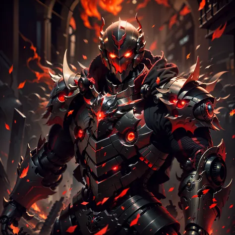 (Best quality, Masterpiece:1.2),（Dark martial arts master）， (Semi-mechanized masked knight, Glowing red eyes), Wears red and gold mechanized armor, (Mechanical details:1.4), (Mechanical details:1.4), violence,  Bloodstained cloak, The body is engulfed in h...