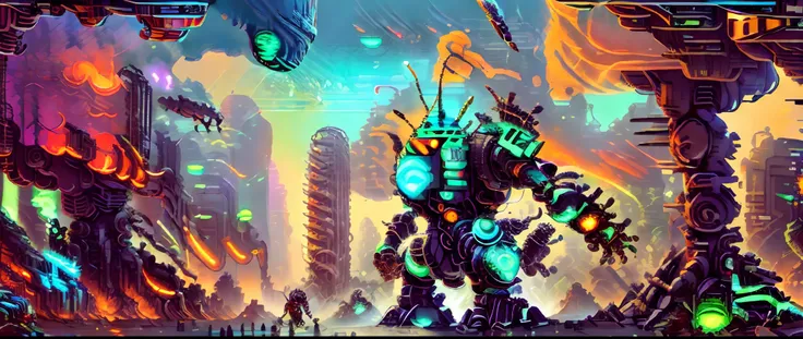 a cartoon robot in a city with many other robots, mobile game art, cute elaborate epic robot, robot monster in background, beautiful robot character design, game illustration, background artwork, cute robot, robot city ruins, game art, 2 d game art, 2d gam...