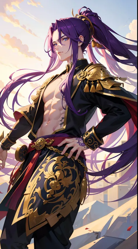 Grown-up guy, long purple hair, Part of the hair is gathered in a high ponytail, Heterochromia, The left eye is purple, Right eye red, Monkey King armor, open torso, lots of tattoos, clouds beneath your feet, Masterpiece, hiquality, 4k, HD, Good detail