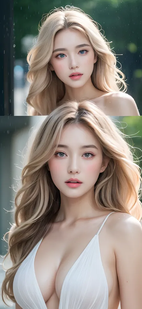 ((Best quality, 8k, Masterpiece :1.3)), Sharp focus :1.2, A pretty woman with perfect figure :1.4, Slender abs :1. 8k, Top image quality、Raw photography、超A high resolution, 18-year-old, (Korean), fair white skin、shiny white skin、(wavy blonde hair)、dark bro...