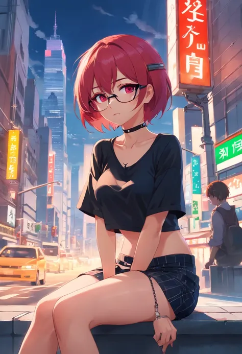 A woman with red hair and a black shirt sits on a city street，Traffic light in background, Art germ, Anime art, Cyberpunk art of a, Photorealism, 1girll, bangs, Bare_bshoulders, black_choker necklace, Breasts, bridge, yellow_Eyes, Building, choker necklace...