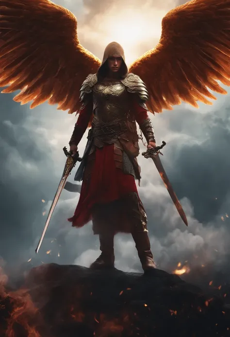 Realistic, 4K, Angels with big wings, one sword, Hood on head in war background image (chaos)