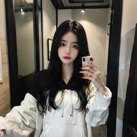 1girl, mirror selfie, holding phone, dark long hair, detailed dark eyes, teenage girl, white hoodie, city apartment, dark illumination, low light