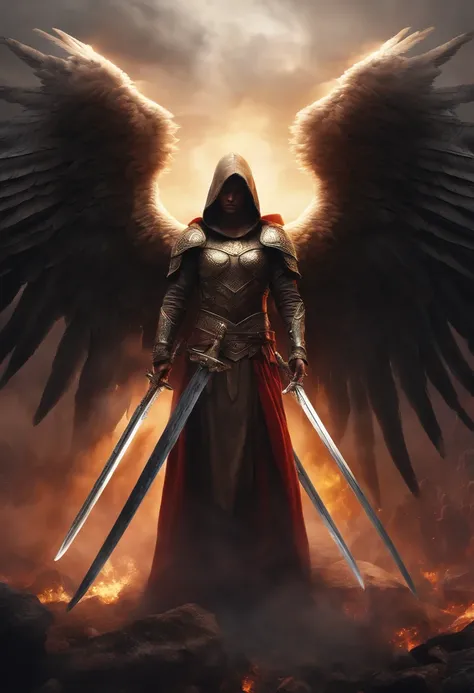 Realistic, 4K, Angels with big wings, one sword, Head hood in war background image (chaos)