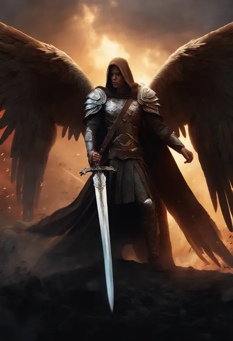 Realistic, 4K, Angels with big wings, one sword, Head hood in war background image (chaos)