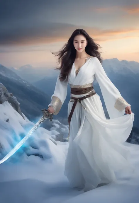 Drawing the sword of the snow mountain, the sword with the cold ice flame of the ancient style woman, holding the blue flame burning sword, white clothes dancing sword in the snow long hair flowing, holding a silver long sword beautiful woman, wearing jade...