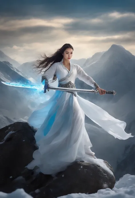 Drawing the sword of the snow mountain, the sword with the cold ice flame of the ancient style woman, holding the blue flame burning sword, white clothes dancing sword in the snow long hair flowing, holding a silver long sword beautiful woman, wearing jade...