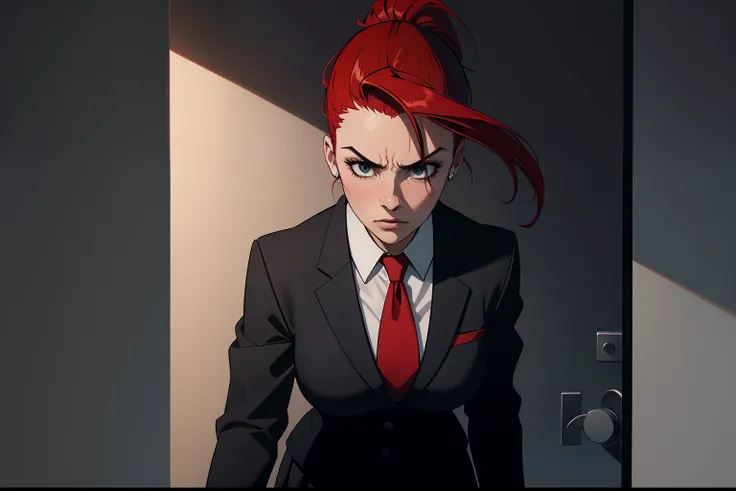 woman, red ponytail hair, wearing a black office suit, red tie,black office skirt, scared, fear, hiding, dark, grey background