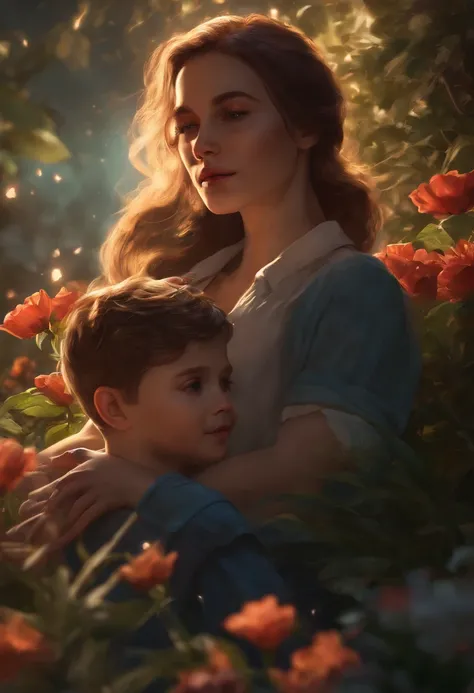 FATHER AND 5 YEAR OLD SON PLAYING, NIGHTTIME, FLOWERS, NATURE, MOONLIGHT, 8K, resolution concept art portrait by Greg Rutkowski, Artgerm, WLOP, Alphonse Mucha dynamic lighting hyperdetailed intricately detailed Splash art trending on Artstation triadic col...