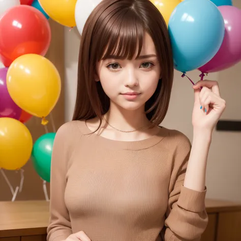 masterpiece, super detail, high quality, award winning, 8k, balloons, various colors, girl, solo, brown hair, medium hair, bangs, smile, closed mouth, casual fashion