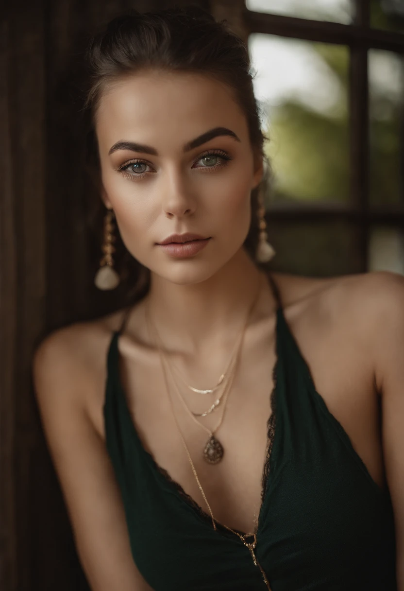 Arafed woman with a white tank top and necklace, fille sexy aux yeux verts, Portrait Sophie Mudd, cheveux bruns et grands yeux, selfie of a young woman, Yeux de chambre, Violet Myers, sans maquillage, maquillage naturel, looking straight at camera, Visage ...