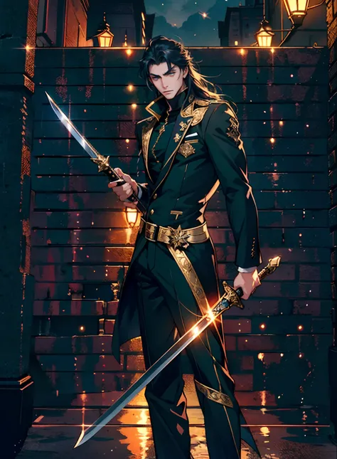 A young man with deep blue long hair, cold and resolute eyes, a slender face, handsome features, stands tall in front of a decrepit ancient city under the night sky, exudes a dignified demeanor, he wears a two-piece Western-Eastern hybrid black suit coat, ...