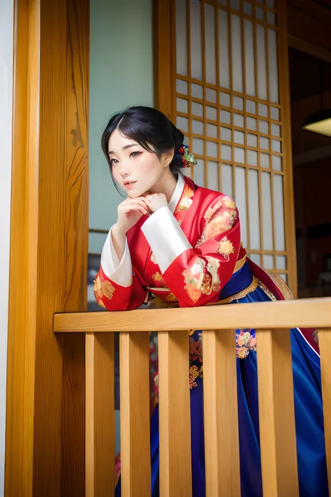 there was a woman looking out the window from the balcony, korean woman, hanbok, korean hanbok, inspirado por kim jeong-hui, bea...