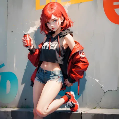 girl holding one spray can against the wall, looking at the viewer, breasts, thighs, shoes, gray cropped top with hood, red sweatshirt shorts, cute boring expression, bright neon graffiti, spray cans strewn across