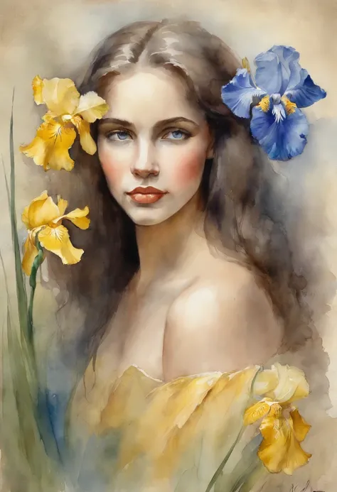 Young girl with yellow and blue iris, Stacia Burlington style, watercolor, soft color, Serene face, close-up, Vintage images