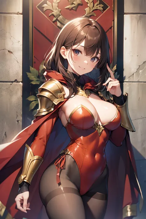 top-quality、Full limbs、complete fingers、Slender beauty、straight haired、Brown hair、(Red High Neck Long Sleeve Leotard:1.3)、Golden coat of arms on leotard、(Brown pantyhose:1.3)、red cloak、Western armor、Iron breastplate、Iron shoulder rest、Iron Gauntlet、Iron sh...