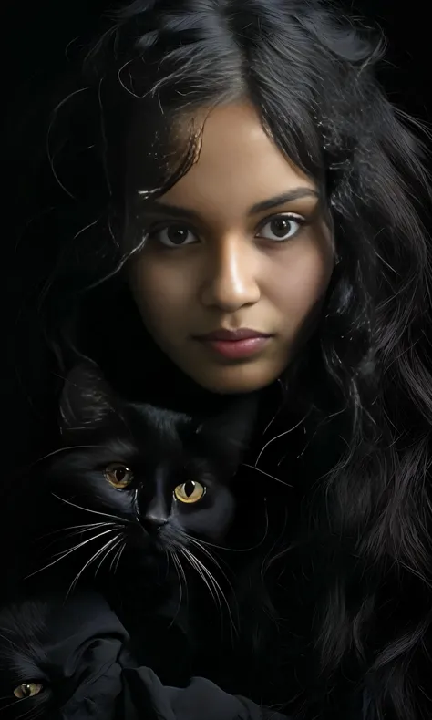 Mulher arafed com cabelo preto longo segurando um gato preto, mulher e gato, Woman / cat hybrid, gatinha jovem bonita, close - foto retrato acima, mulher linda, gato preto, close up foto de retrato, arte digital. foto realista, fechar retrato, retrato comp...