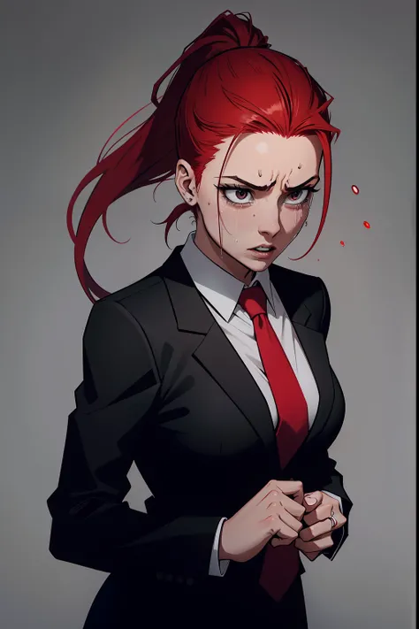 woman, red ponytail hair, wearing a black office suit, red tie,black office skirt, scared, fear, crying, dark, grey background