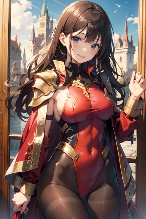 top-quality、Full limbs、complete fingers、Slender beauty、straight haired、Brown hair、(Red High Neck Long Sleeve Leotard:1.3)、Golden emblem on a leotard、(Brown pantyhose:1.3)、red cloak、Western armor、Iron breastplate、Iron shoulder rest、Iron Gauntlet、Iron shin p...