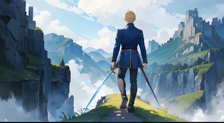 masterpiece, best quality, high quality, 1boy, solo, male focus, looking away from viewer, full body, depth of field, , blue jacket, blonde hair, holding blue long sword, black shoes, beautiful rolling hills in the background, Anime art style